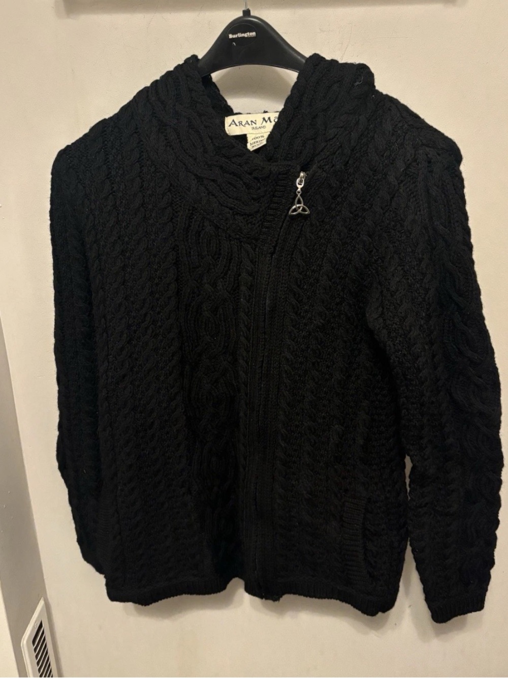 Aran Mor Ireland Claddagh Side Zip Sweater Merino Wool Womens M Fisherman Hooded